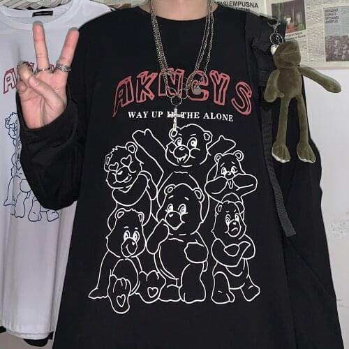 Harajuku Autumn New Trend Ins Korean Version of The Retro Bear Print Wild Bottoming Long-sleeved T-shirt Men Women Tops Tees