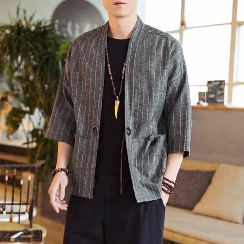 2021 Harajuku Kimono Cardigan Men Cotton Linen Casual Jackets Male Open Stitch Striped Chinese Style Mens Jacket Outwear KK3527