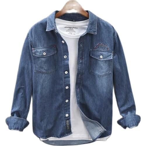 New Fashion Men Denim Shirts Jacket Vintage Cotton Jeans Shirt Long Sleeve Clothing