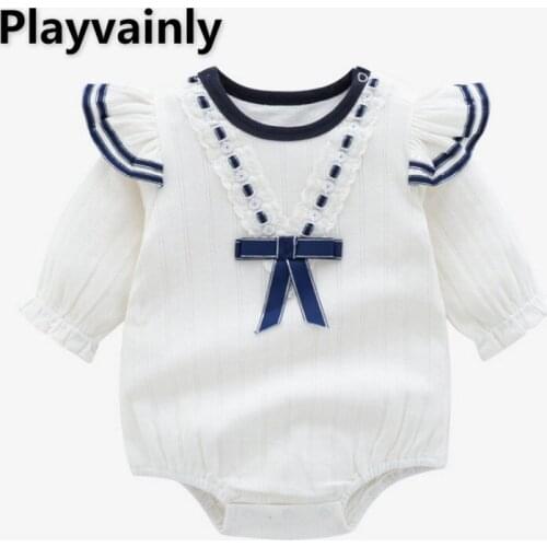 2021 New Autumn Baby Boys Girls Bodysuit White Fly Sleeves Long Sleeves Round Collar Bow Jumpsuit Newborn Cute Clothes E3000