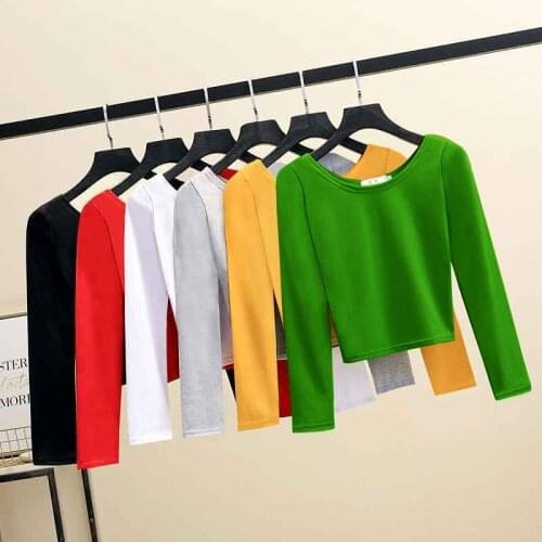 Long Sleeve Solid Crop Top Women T-shirt Cropped Slim High Waist Autumn Winter Basic Spring Clothes Tops Woman Free Shipping Tee