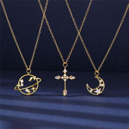 Trend Gold Color Crystal Necklace for Women 2021 Fashion Elegant Moon Cross Planet Pendant Necklaces Wedding Jewelry