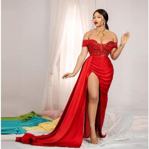 Red Slit Mermaid Prom Dresses Off The Shoulder Aso Ebi Evening Dress Sequined Pleats High Split Party Formal Gowns For African