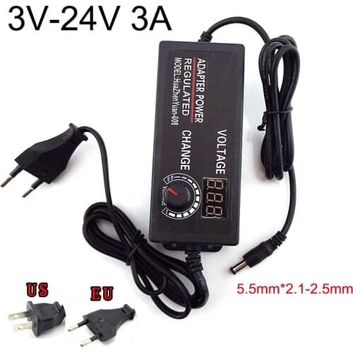 Adjustable Power Supply Adapter AC to DC 3V-24V 3A Universal Adatpor Display Screen Power Volt Switching Charger 5.5mm*2.1-2.5mm