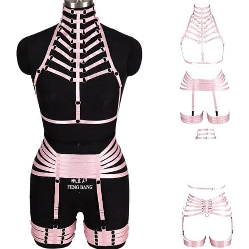 Pink Bandage Hollow Women Halloween Costume Style Harness Bra Sexy Lingerie Sets Full Body Bondage Gothic Cage Waist Garters