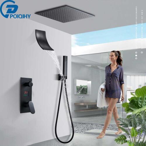 Matte Black Shower Faucet Set LCD Digital Display Waterfall Bath Shower Mixer Tap 2-3 Ways Diverter Mixer Handheld Spray System