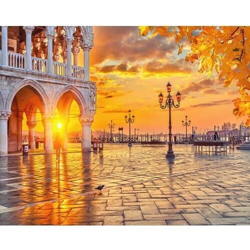 VinylBDS Beautiful Backdrops Sunset Brick Floor Background Building Sycamore Leaves For Wedding backdrop photograph