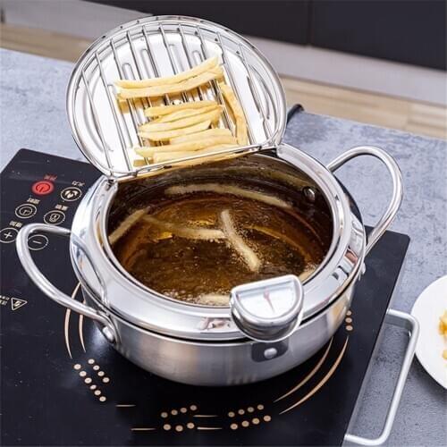 Japanese Deep Frying Pot With A Thermometer And A Lid 304 Stainless Steel Kitchen Tempura Fryer Pan 20 24 Cm For Kitchen