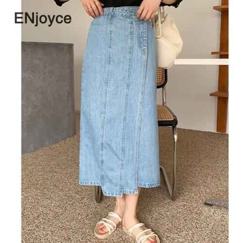Blue Denim Skirt Womens High Waist A-line Jean Skirts Casual Split Maxi Skirts Korean Style Fashion Chic Long Dress Summer 2021