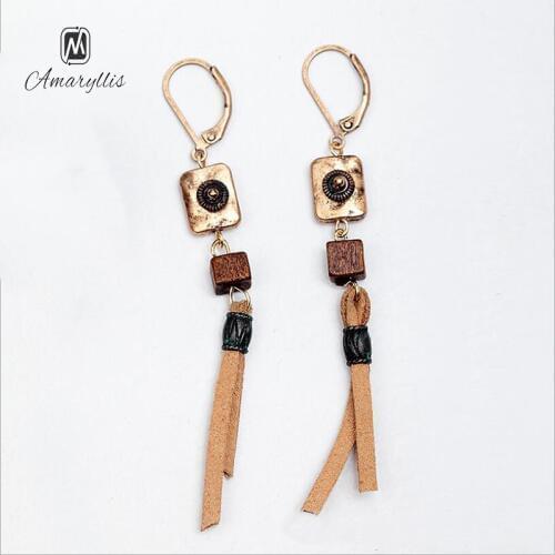 Amaiyllis Bohemia Alloy Square Wood Beads Leather Tassel Earrings For Women Ethnic Charms Statement Pendant Dangle Drop Earrings