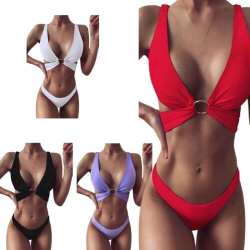F2TC Women Sexy 2 Pieces Bikini Set V-Neck O-Ring Cross Bandage Bra Swimsuit Low Rise Thong Simple Solid Color Bathing Suit