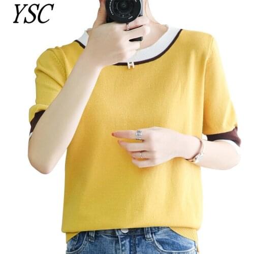 YSC 2021 New pattern Women Pure silk Sweater Round collar with white edge Half sleeve Fine yarn soft High-quality pullover