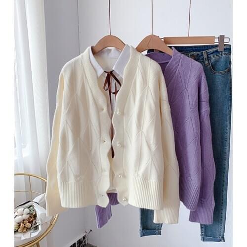 Autumn solid sweater coat women loose outer 2021 knitted cardigan v neck long sleeve