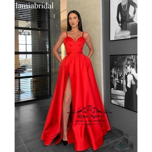 Sexy Red Plus Size Cheap Evening Dresses 2019 A Line High Split Long Satin Arabic Formal vestidos de fiesta de noche Prom Gowns