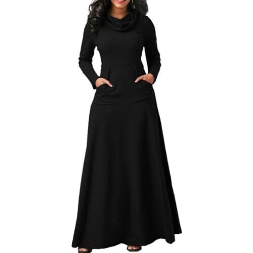 Women Maxi Dress With Pocket Casual Solid Long Sleeve Vintage Long Dress Bow Neck Elegant Warm Long Dress Robe Female Vestidos