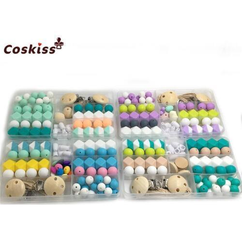 4pc DIY Baby Teether Accessories Geometry Hexagonal Round Silicone Bead Wooden Pacifier Clip Breakaway Safety Clasp For Bracelet