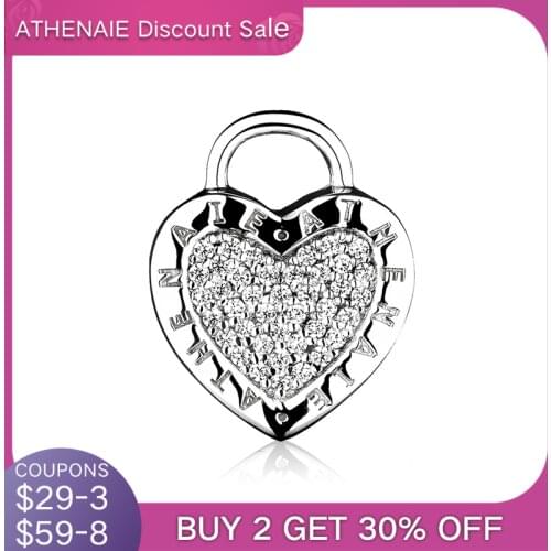 ATHENAIE 925 Sterling Silver Charms Pave Clear CZ Lock Your Promise Clip Stopper Beads Fit European Bracelet & Necklace Jewelry