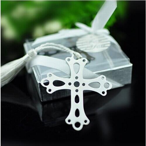 Free shipping 100pcs Creative stainless steel bookmarks Cross Bookmark Christening baby shower party favors wedding gift