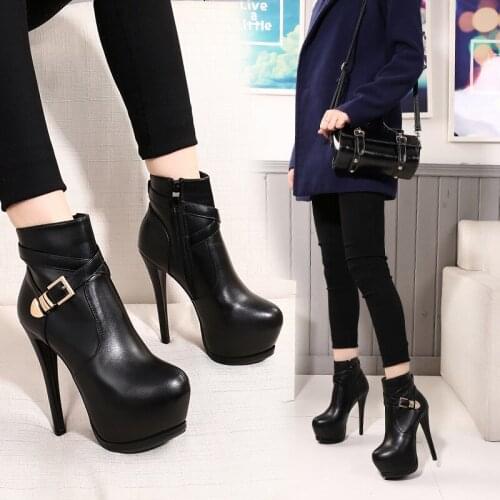 Women single shoes platform creepers super high heels ankle booties cross band buckle Chelsea boots side zip Roman knight bottes