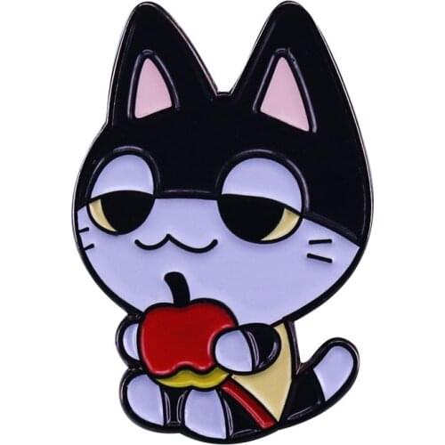 Punchy the lazy cat eatting apple pin your favor villager brooch animal crossing game fans addition