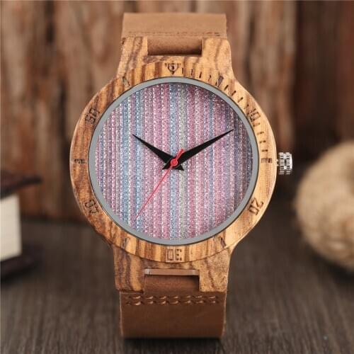 Unique Purple Round Dial Zebrawood Men Women Quartz Wristwatch Brown Genuine Leather Watch Band Natural Casual Male Wood Clock