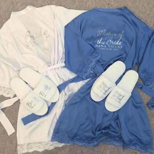 Custom name Lace Satin Kimono robes personalized Wedding Bridal party sister Mother of bride Robe bridesmaid gift with slippers