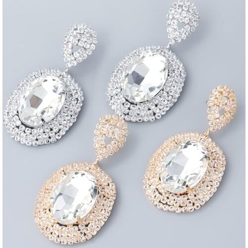 JIJIAWENHUA New Trend Sparkling Big Rhinestone Oval womens Earrings Dinner Party Fashion Statement Jewelry Accessories