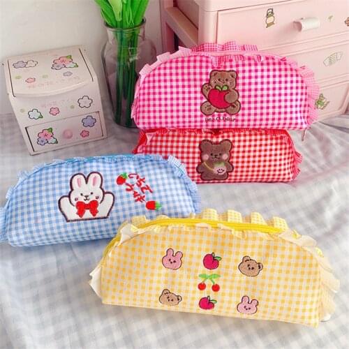 Plaid Pencil Case Lace Kawaii Cosmetic Case Student Stationery Storage Bag Large Capacity Girls Makeup Pouch Embroidery Pen Box