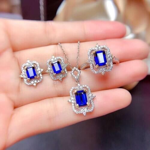 Natural Square Gem Sapphire S925 Earrings Ring Pendant Necklace Set Gift Fine Fashion Jewelry for Women Free Shipping MeibaPJFS