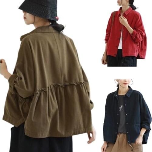 Kurtka Damska Large Loose Coat Literary Leisure Lapel Single Breasted Coat Solid Color Versatile Long Sleeve Splicing Jacket