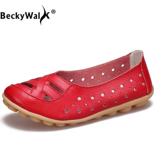 BeckyWalk Hollow Summer Flat Shoes Woman Genuine Leather Women Flats Moccasins Soft Mother Shoes Leather Sandals Women WSH2688