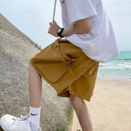 Summer Cargo Shorts Men Big Pockets High Street Drawstring Knee Length Pants Mens Solid Color Casual Climbing Shorts Male