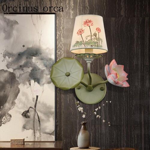 New Chinese style antique lotus wall lamp living room background wall restaurant balcony corridor bedroom iron wall lamp