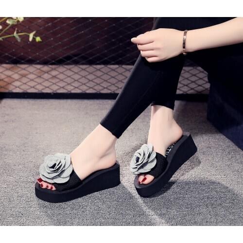 6 Cm High Heel Womens New Slippers Female Summer Big Flower Sandals Word Slippers Female Thick Bottom Beach Drag Non-slip Shoe