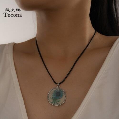 Tocona Charming Transparent Geometric Flowers Pendant Necklace for Women Trendy Black Rope Adjustable Jewelry Wholesale 15543