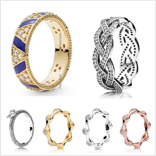 Original 925 Sterling Silver Golden Shine Stones And Stripes Ring For Women Wedding Party Gift Europe Pandora Jewelry