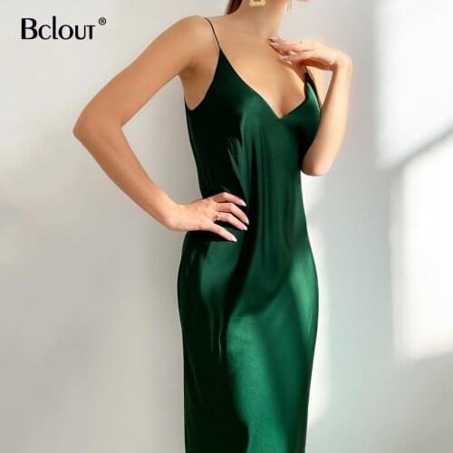 Bclout Sexy Satin Spaghetti Strap Party Long Dress Women Green Elegant Pencil Dresses 2021 Fashion Black Backless Robe Zipper