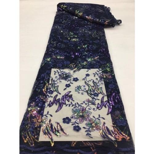 Blue African Lace Fabric 2021 High Quality Nigerian Lace Fabric 5 Yards French Sequins Lace For Wedding Dress