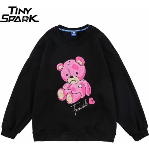 2021 Men Hip Hop Streetwear Sweatshirt Embroidery Letter Bear Pullover Harajuku Cotton Casual Sweat Shirt Autumn Pullover Black