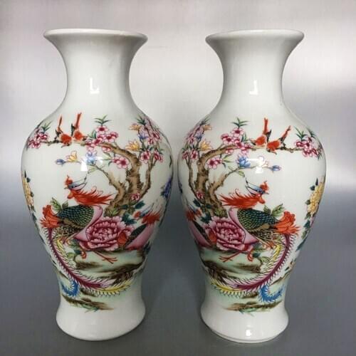 Tongrentang made pastel flower and bird vases (a pair) antique old China study collection and furnishings antique folk