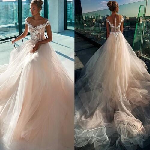 Splendid Tulle Jewel Neckline A-line Wedding Dresses With Lace Appliques & 3D Flowers & Beadings Champagne Bridal Gowns