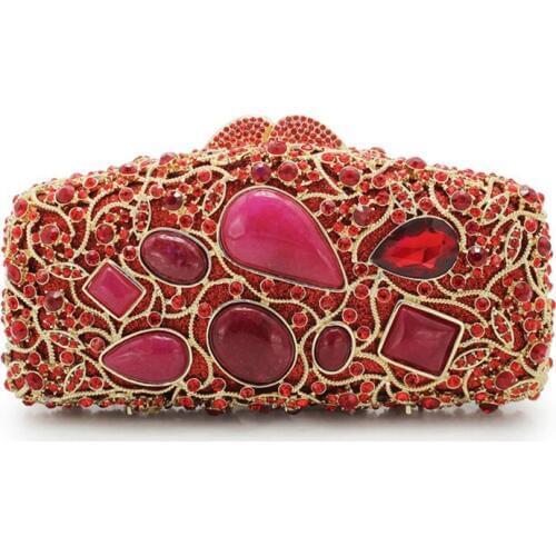 Bright Red Bride Clutch Bag Crystal Diamond XIYUAN Big Jade Evening Women Clutch Bags Vintage Luxury Ladies Clutch Wedding Bag