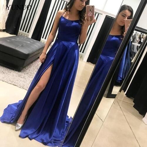 YuNuo Sexy Royal Blue or Red Satin Evening Dresses Styles with High Slit Backless Simple Special Occasion Dresses 2019
