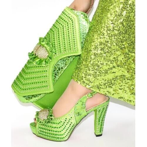 Wonderful green women pumps with rhinestone decoration african dress shoes match handbag set CR2108,heel 11.3CM