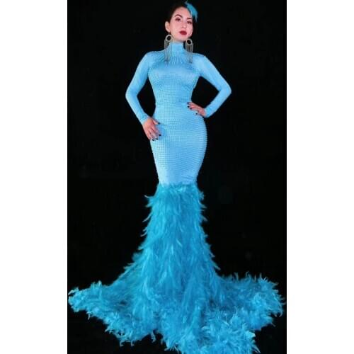 Women Singer Dancer Outfit Festival Clothing Long Train Feather Dress Bar Birthday Celebrate Dress Stage Prom Evening Dresses