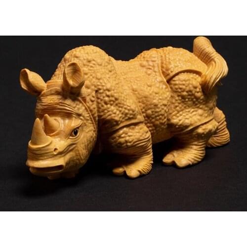 Rhino Animal Statue Boxwood Carving Home Decoration Creative Carving Crafts Solid Wood Living Room Wild Treasure Animal Ornament