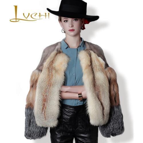 LVCHI Ladies 2019 Winter Genuine Leather Fox Mink Patchwork Fur Jacket Coat Natural Color Fashion Warm Women Clothing Fur Coats