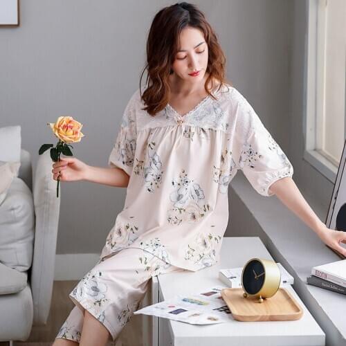 Pajamas Women Summer Modal Comfortable Short-sleeved Cropped Trousers Thin Loose Home Suit Plus Size Pajamas Pyjamas Women