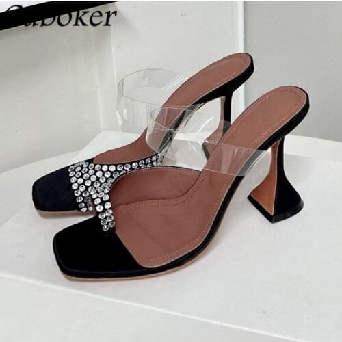 Cup Heel Brand Runway Women Slippers Pinch Toe PVC Slingback Slides Ladies Rhinestone Decor Crystal Women High Heel Slippers