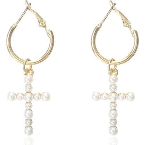Dreamtop European Metal Hoop Earrings Gold Color Simulated Pearl Earrings For Women Cross Loop Earrings Jewelry E20